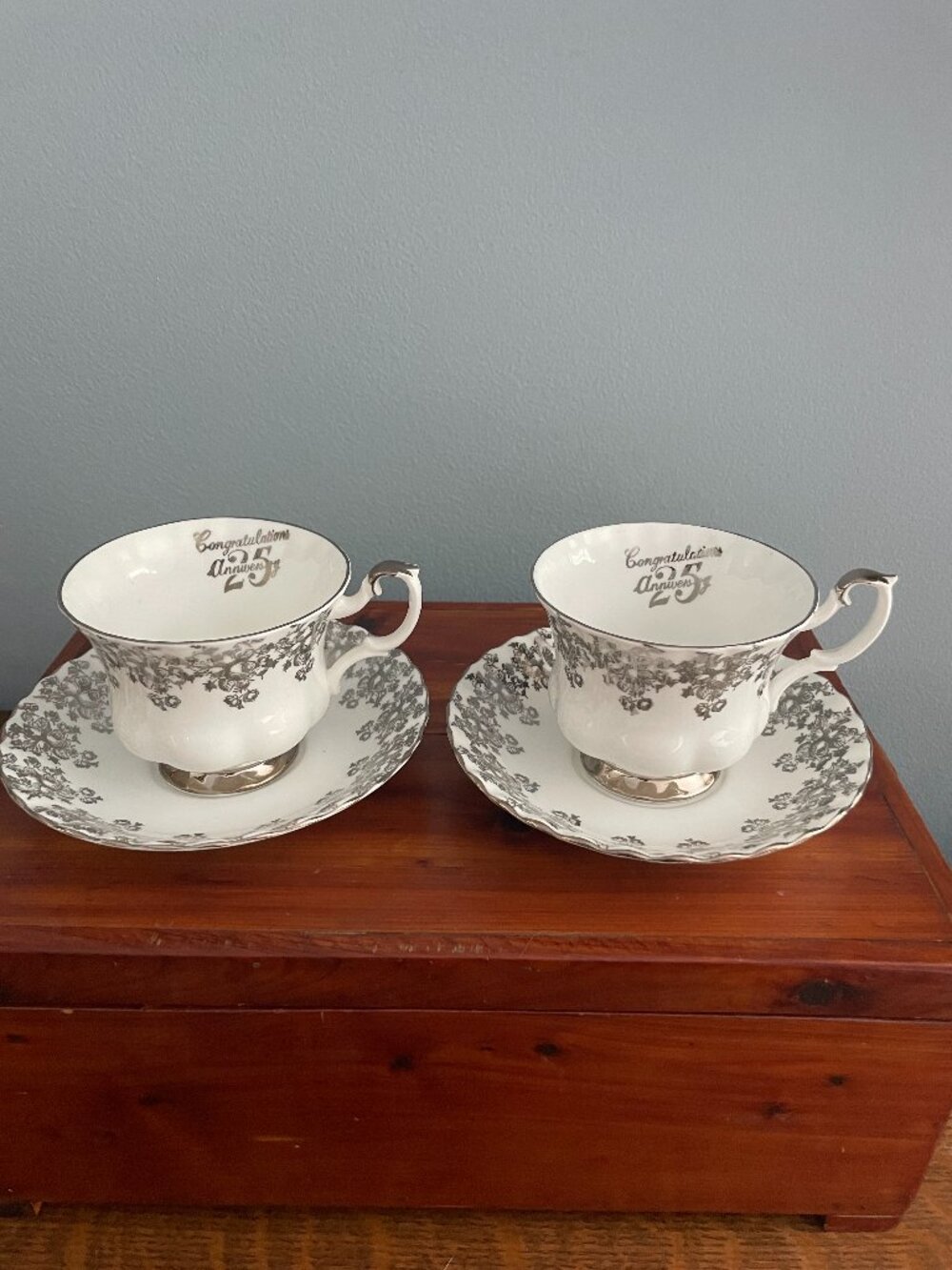 Royal Albert 25th Anniversary Tea Cup Saucer Set of 2 Bone China Silver Floral